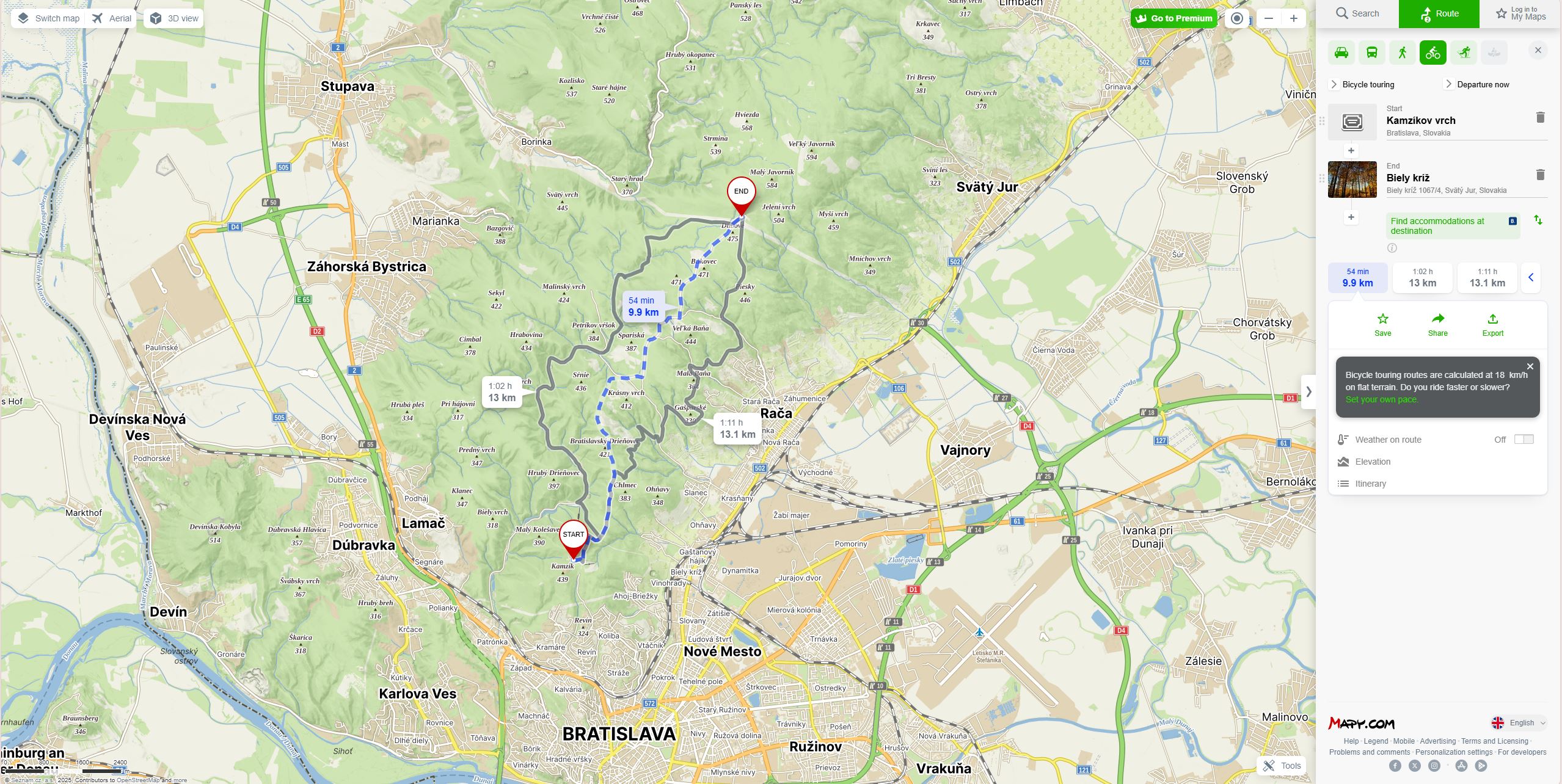 Mapa cyklotrasy z vrchu Kamzíka na Biely kríž.