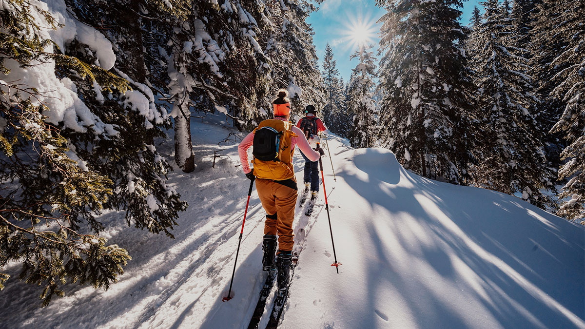 Bežkári si užívajú výhodnú zimnú dovolenku mimo sezóny. Prechádzajú lesom, svieti zimné slnko. 