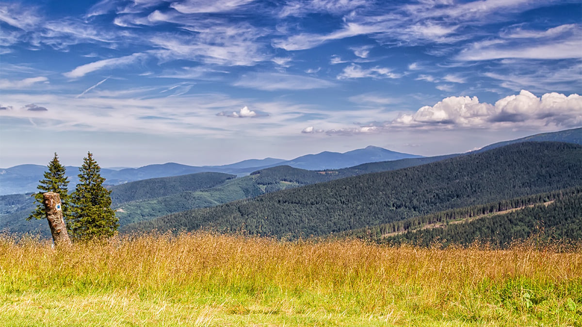 Pohľad na beskydské lesy a lúky, nad ktorými sa rozprestiera modrá obloha.