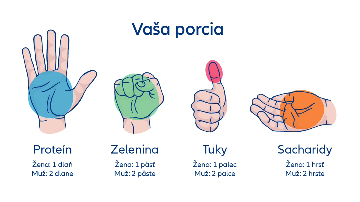 Ilustrované dlane s farebnými kruhmi naznačujúcimi veľkosť jednej porcie jedla (otvorená, v pästi, palec dohora, v hrsti).