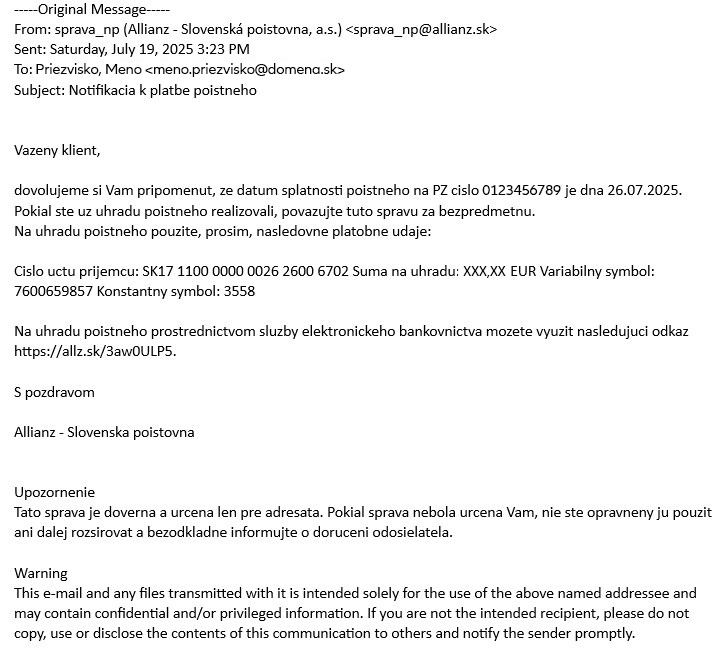 ukážka emailu od správy neživotného poistenia