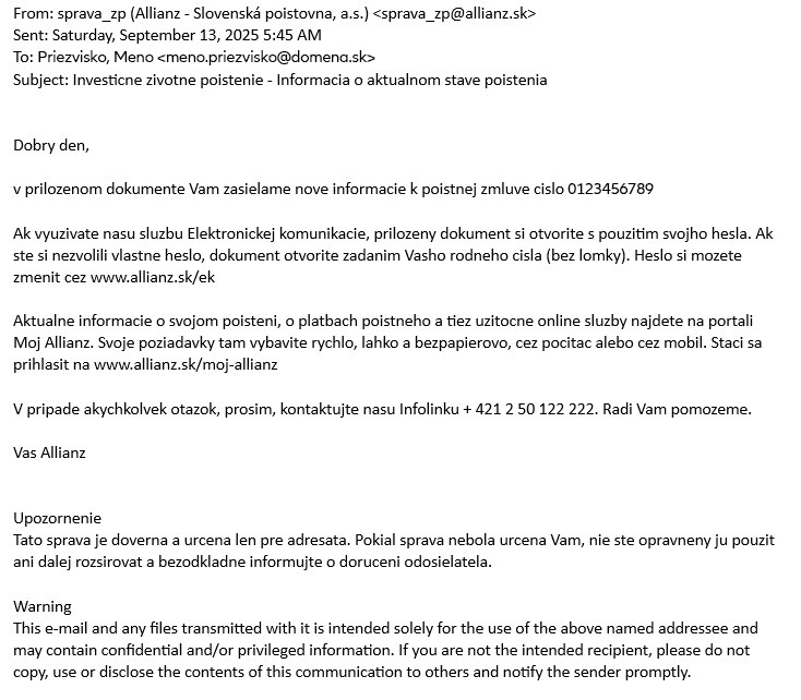 ukážka správneho emailu od správy životného poistenia