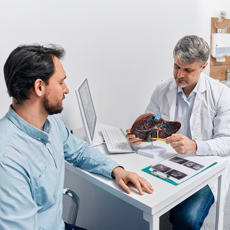 lekar vysvetluje pacientovi diagnozu na makete