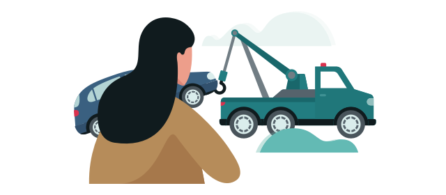 Ikona zena a auto ktore odtahuje odtahova sluzba.